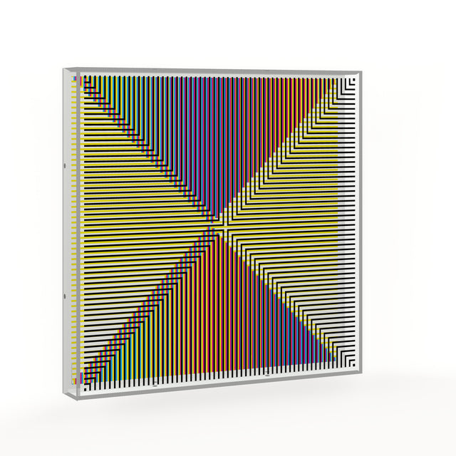 Op X Color Line – video of the yellow and rainbow optical acrylic artwork by Marcio Pontes, the pattern shifting as the view moves
