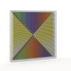 Op X Color Line – video of the yellow and rainbow optical acrylic artwork by Marcio Pontes, the pattern shifting as the view moves
