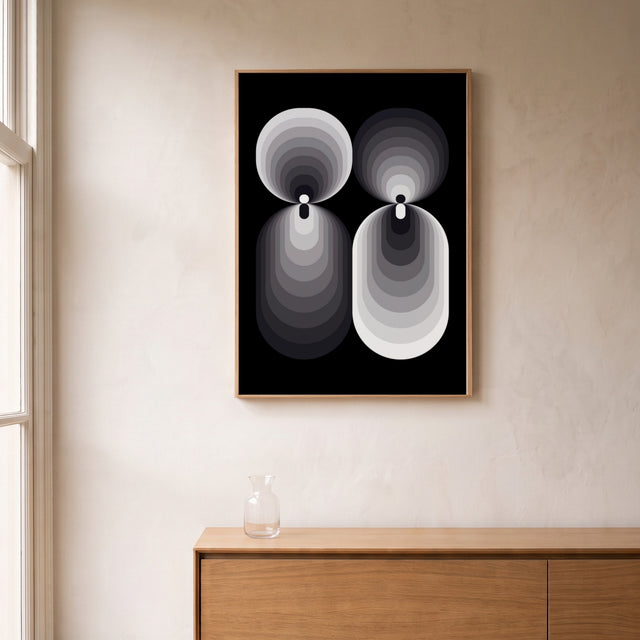 Retroart Black framed above an oak sideboard by a canal-view window – art print by Marcio Pontes
