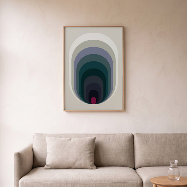 Retroart Green framed above a linen sofa – art print by Marcio Pontes
