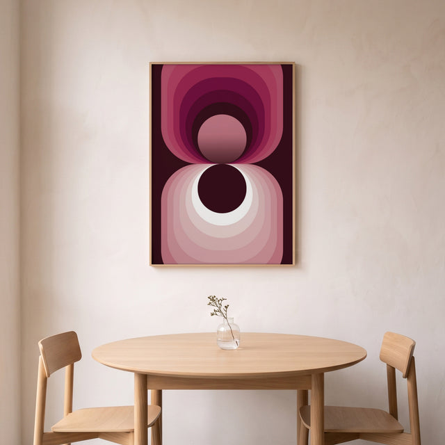 Retroart Magenta framed above a round oak dining table – art print by Marcio Pontes