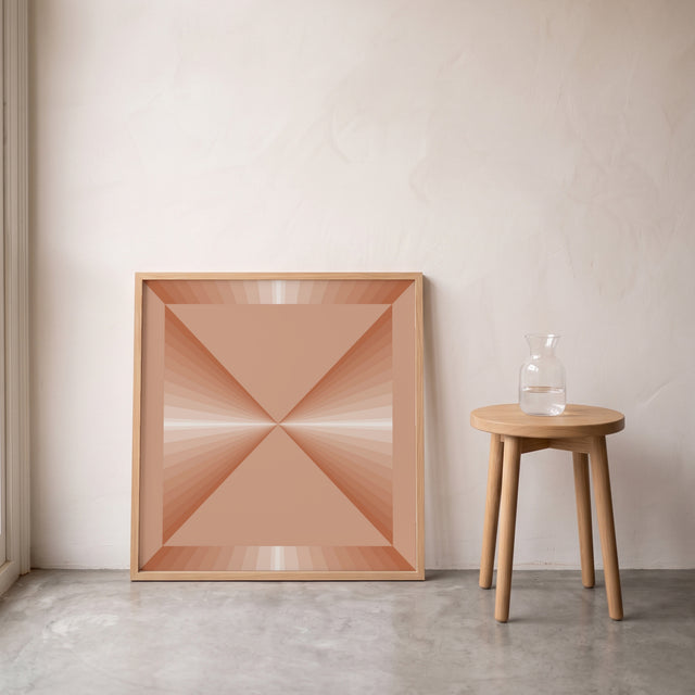 Retroart Triangulares 1 framed leaning against the wall on a concrete floor – art print by Marcio Pontes
