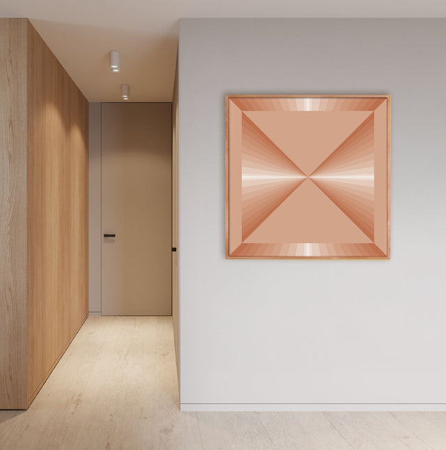 Retroart Triangulares 1 framed and hung in a hallway with oak panelling – terracotta geometric art print by Marcio Pontes