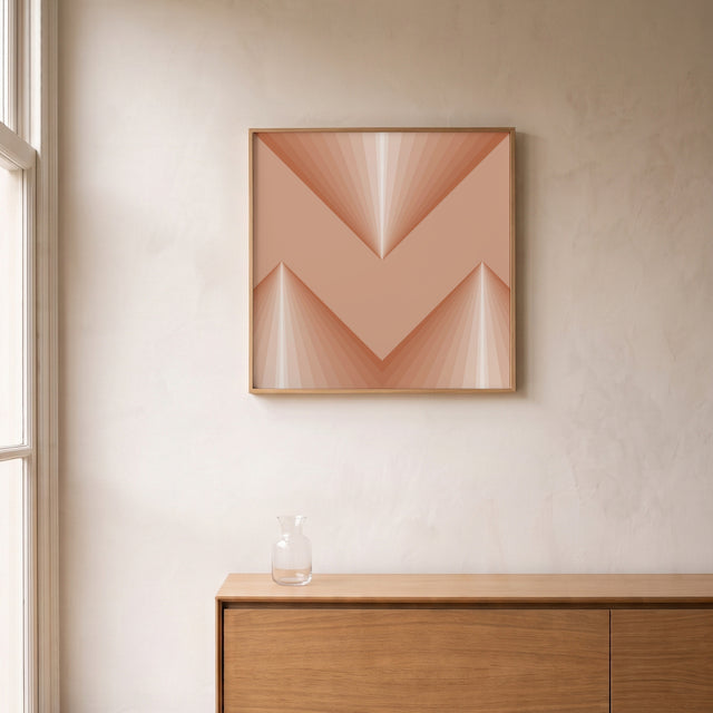 Retroart Triangulares 2 framed above an oak sideboard by a canal-view window – art print by Marcio Pontes