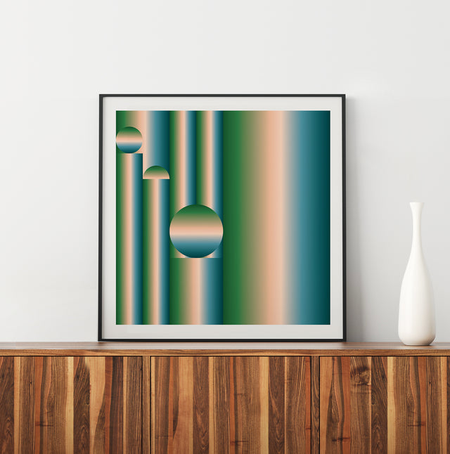 Retrocosmos Green framed and leaning on a walnut sideboard beside a white vase – teal and green art print by Marcio Pontes