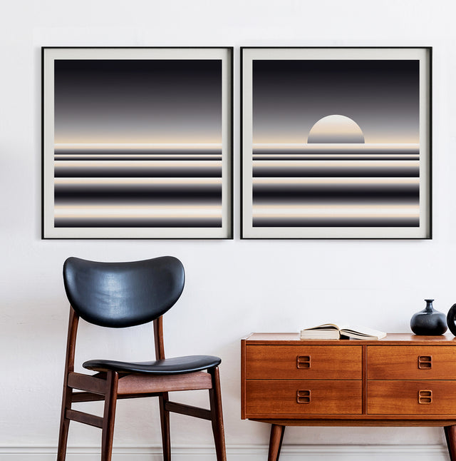 Retrocosmos Lunar 1 and Lunar 2 hung together as a diptych above a teak sideboard – black and cream art prints by Marcio Pontes