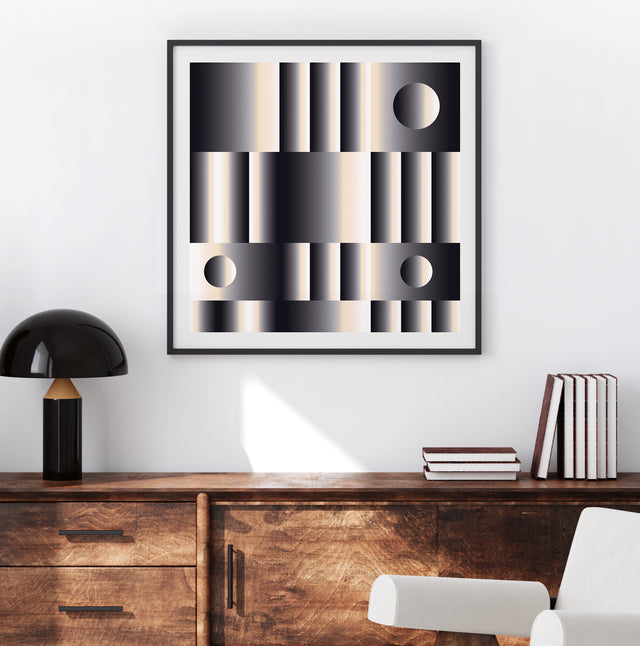 Retrocosmos Lunar 3 framed above a wooden sideboard with a black lamp – black and cream art print by Marcio Pontes