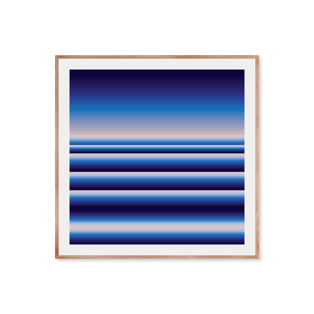 Retrocosmos Blue 1 – navy and cobalt bold geometric art print by Marcio Pontes, framed