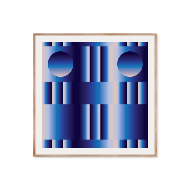 Retrocosmos Blue 2 – navy and cobalt bold geometric art print by Marcio Pontes, framed