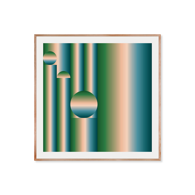 Retrocosmos Green – teal and green bold geometric art print by Marcio Pontes, framed