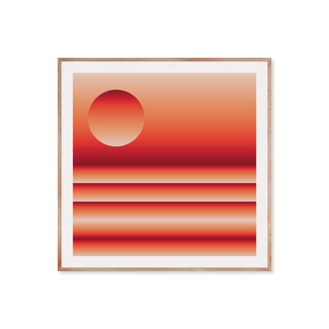 Retrocosmos Sunset 2 – red and orange bold geometric art print by Marcio Pontes, framed