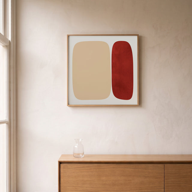 Stones Soft framed above an oak sideboard by a canal-view window – art print by Marcio Pontes