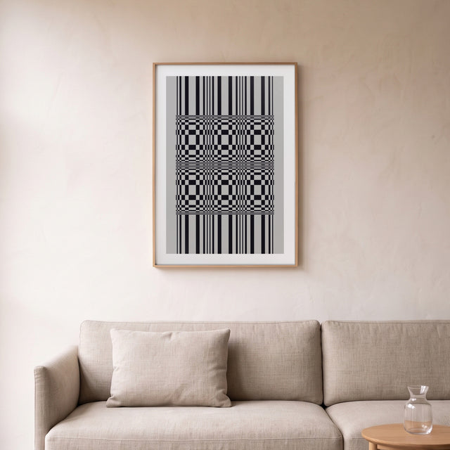 Trama A framed above a linen sofa – art print by Marcio Pontes