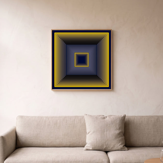 Underline Zoom Yellow framed above a linen sofa – art print by Marcio Pontes