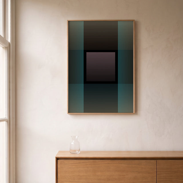 Underline 13 framed above an oak sideboard by a canal-view window – art print by Marcio Pontes