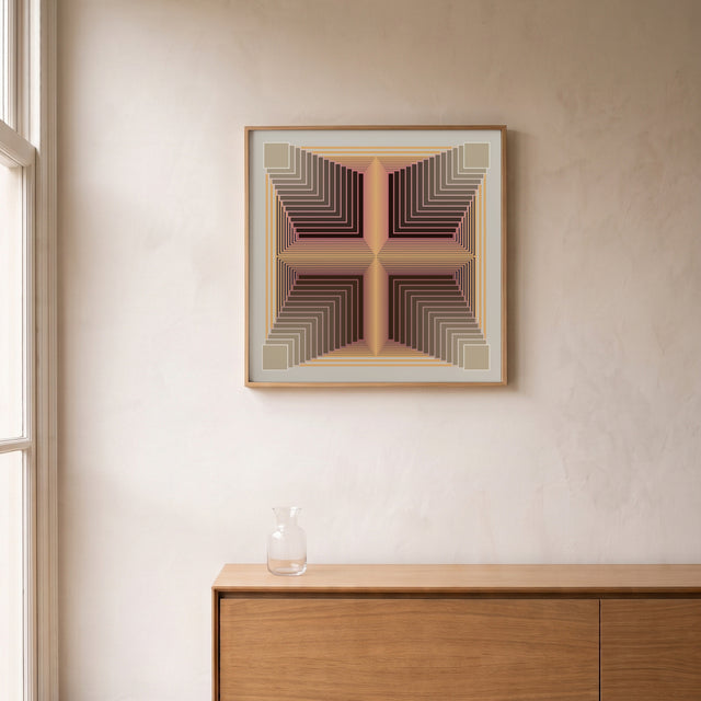 Underline Zoom Four framed above an oak sideboard by a canal-view window – art print by Marcio Pontes