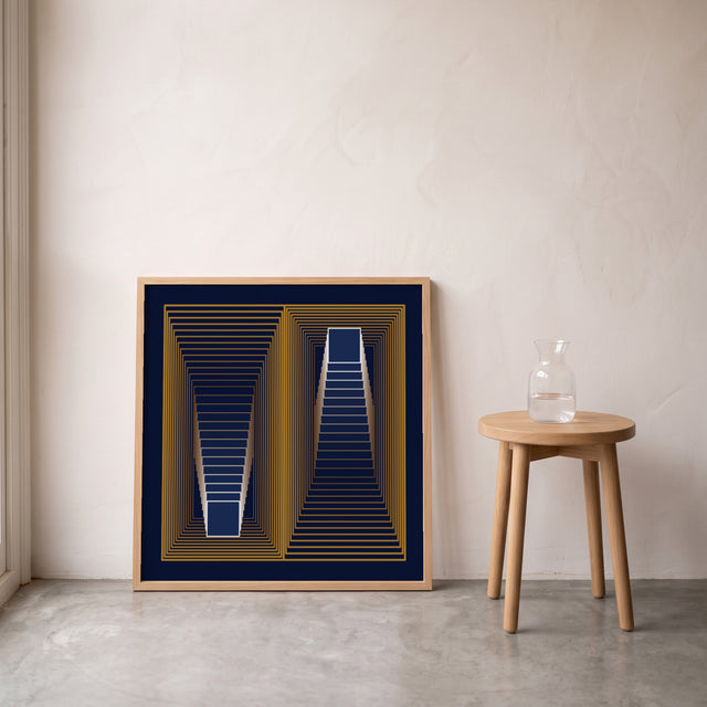 Underline Zoom Blue framed leaning against the wall on a concrete floor – art print by Marcio Pontes