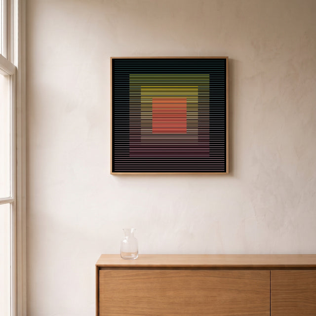 Underline 8 framed above an oak sideboard by a canal-view window – art print by Marcio Pontes