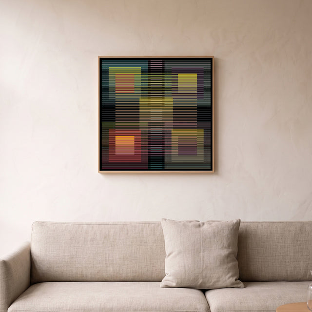Underline 9 framed above a linen sofa – art print by Marcio Pontes