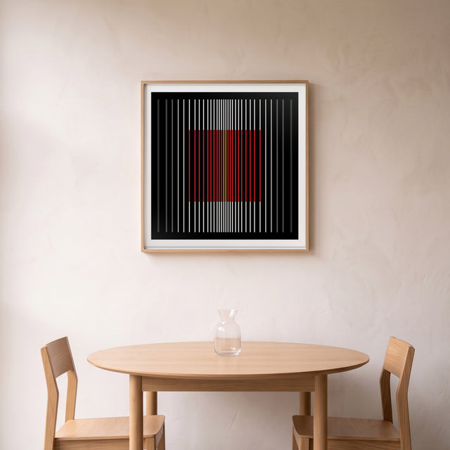 Underline Bold II framed above a round oak dining table – art print by Marcio Pontes