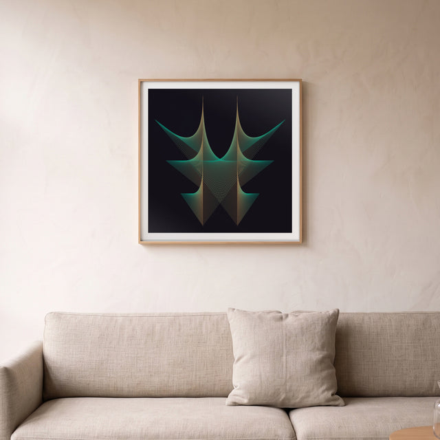 Underline Neon I framed above a linen sofa – art print by Marcio Pontes