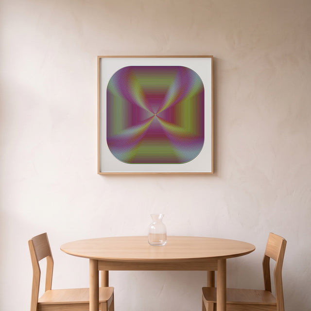 Underline Optical Y&Magenta framed above a round oak dining table – art print by Marcio Pontes