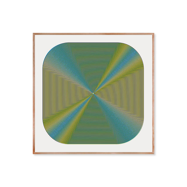 Underline Optical Y&Blue – yellow and cyan line art print by Marcio Pontes, framed