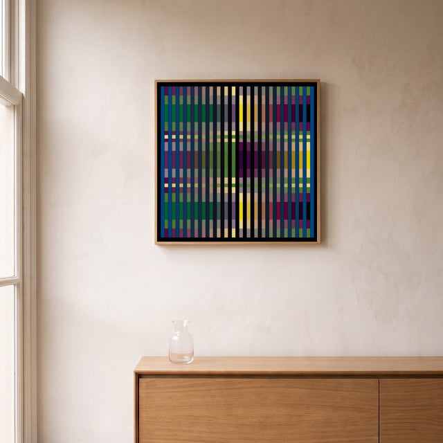Underline Purple 1 framed above an oak sideboard by a canal-view window – art print by Marcio Pontes