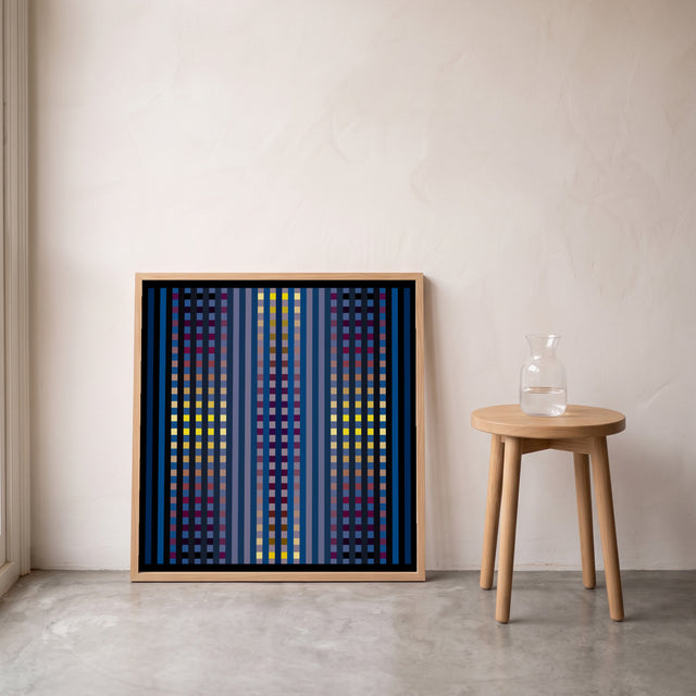Underline Purple 2 framed leaning against the wall on a concrete floor – art print by Marcio Pontes