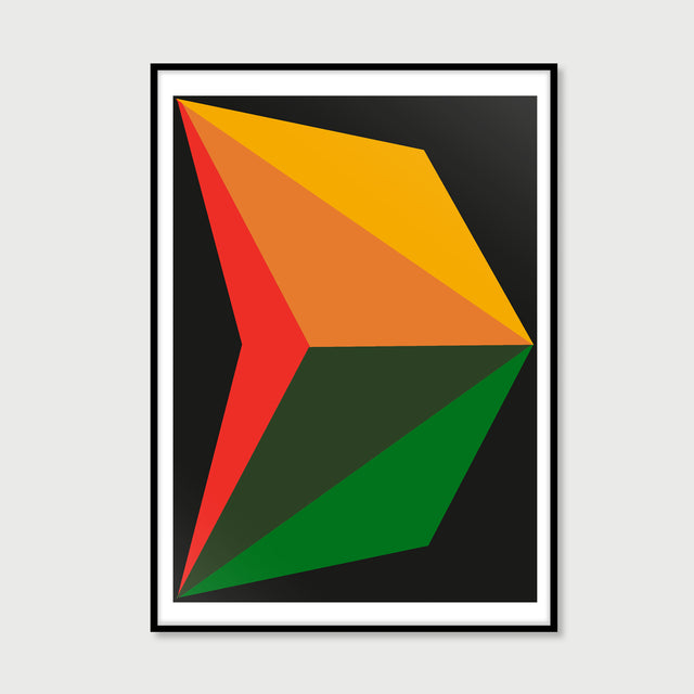 Black frame of colourful handmade artwork designed with large graphics in dark green, yellow, and red overlapping each other creating a surprising new color mix that brings an illusion of volume, structure, and space. The background is printed with a deep black.