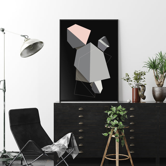 Black cabinet with abstract geometric artwork of polygons on hues of grey and soft pink salmon. The structures are designed as if it's floating and twisting in the air in deep dark black background. 