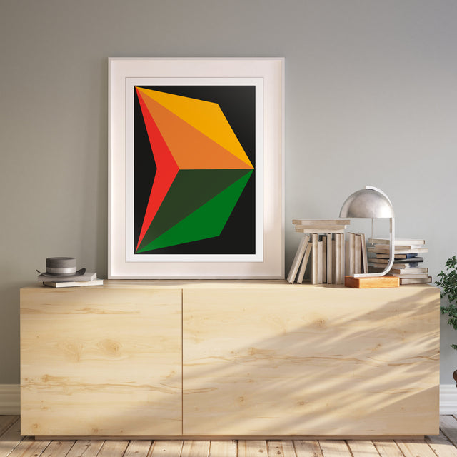 Wood cabinet with white framed colourful handmade artwork designed with large graphics in dark green, yellow, and red overlapping each other creating a surprising new color mix that brings an illusion of volume, structure, and space. The background is printed with a deep black.