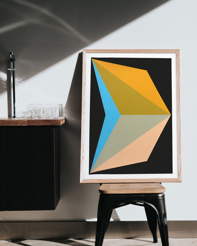 Framed artwork of handmade screen printing of large graphics overlapping each other creating a surprising new color mix that brings an illusion of volume, structure, and space.