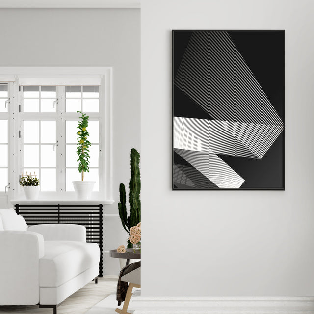 Living room with abstract and modern artwork designed with white lines moving and changing directions. Limited edition prints and posters designed and handcrafted in Amsterdam.