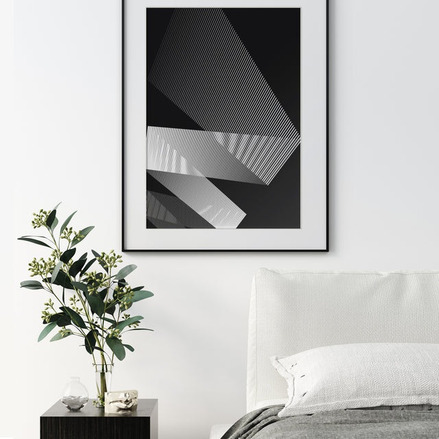 Bright bedroom with abstract and modern artwork designed with white lines moving and changing directions. Limited edition prints and posters designed and handcrafted in Amsterdam.